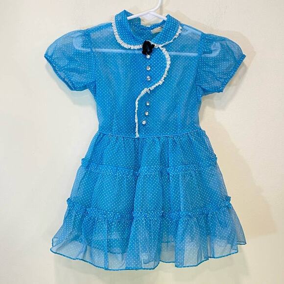 1950s Blue /White Spotted Sheer Pinafore Union Made Rare Belted Girls Dress 3y - Picture 13 of 13